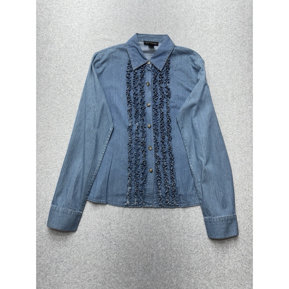 Harold's Shirt Womens 10 Blue Denim Ruffle Front Button Long Sleeve Cotton